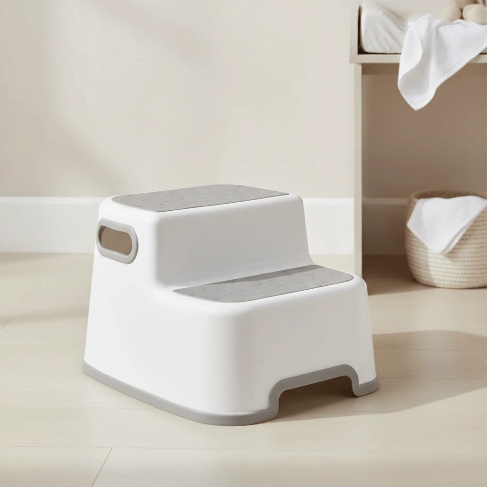Double Step Stool for Kids – Non-Slip 2 Step Toddler Stool with Handles for Potty Training, Bathroom & Kitchen (White)