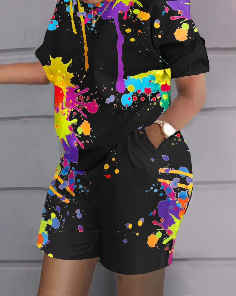 Plus Size Matching Sets Women Graffiti Tie Dye Shirts Tops And Short Pants Female Fashion Tracksuits 2023 Summer Two Piece Sets