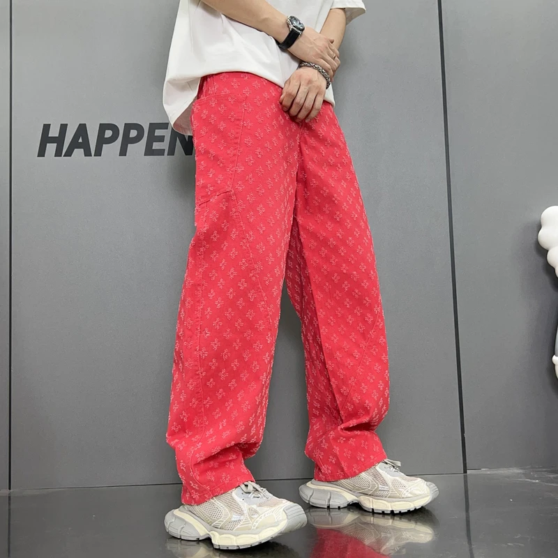 Retro Street Hip Hop Jeans Men's Loose Straight Trend High Street Y2K Fashion Casual Handsome Wide-Leg High-End Trousers