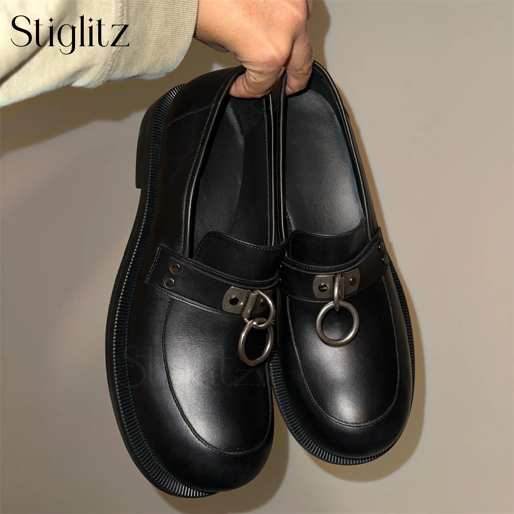Metallic Ring Bulb-Toe Slip-On Leather Shoes for Men Casual Business Loafers