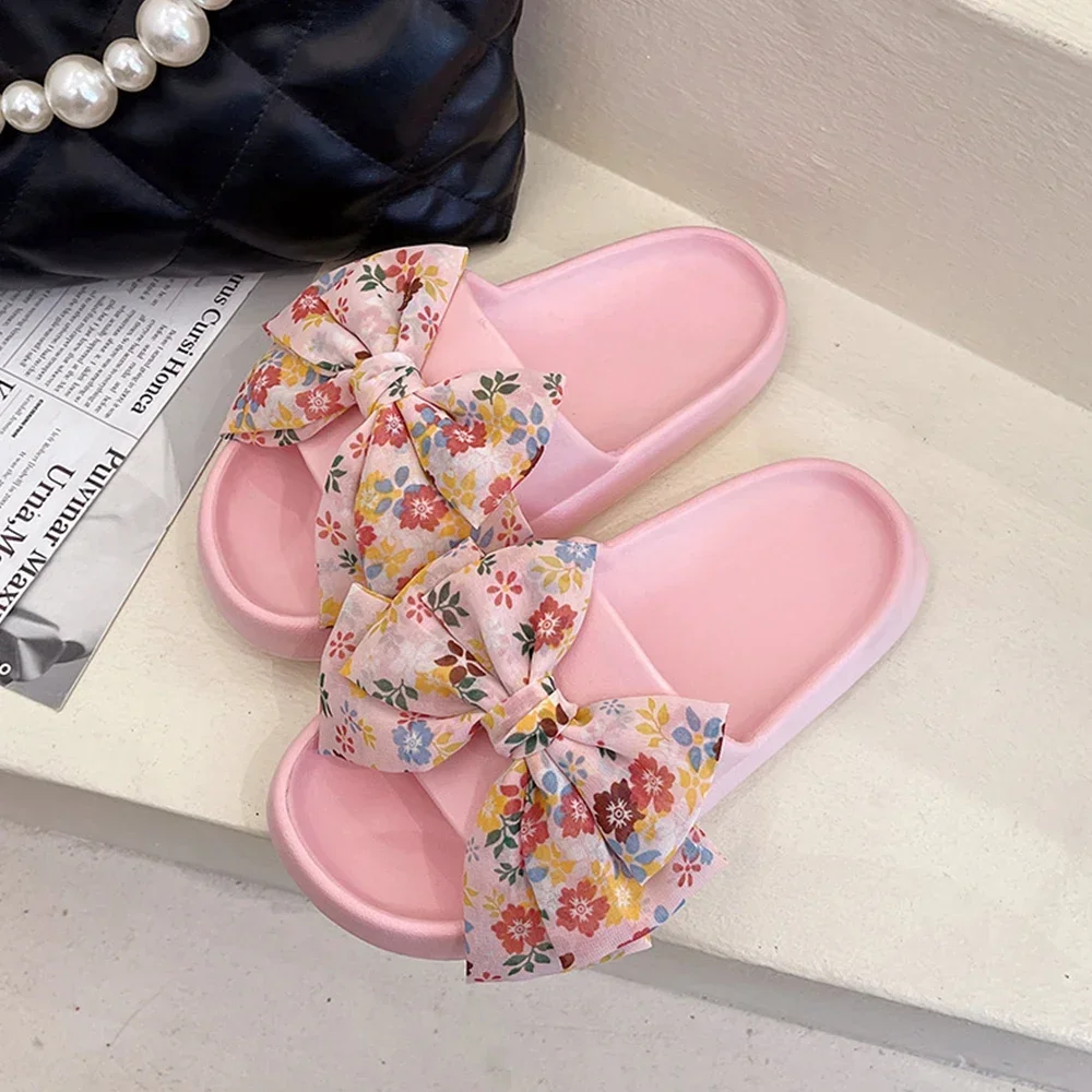 Hot Women Summer Thick New Bow Tie Slippers Indoor Home Sandals Couples Bathroom Slides Non-Slip Soft House Slippers Femme