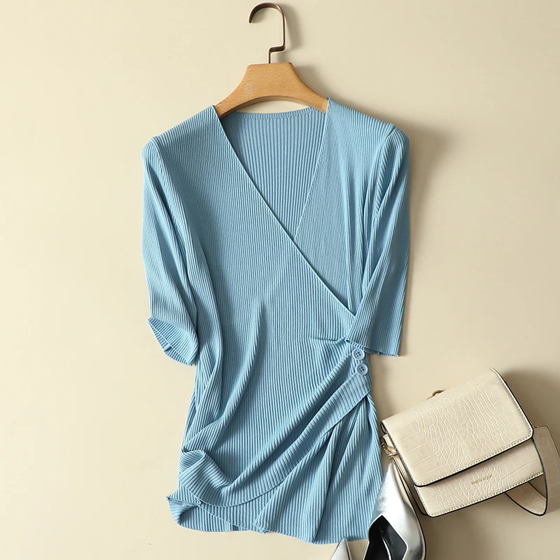 

Thin Knitted Bandage Women T-Shirts Summer New 2022 V-Neck Slim Elastic Office Lady Cardigan Outwear Coats Tops Tees
