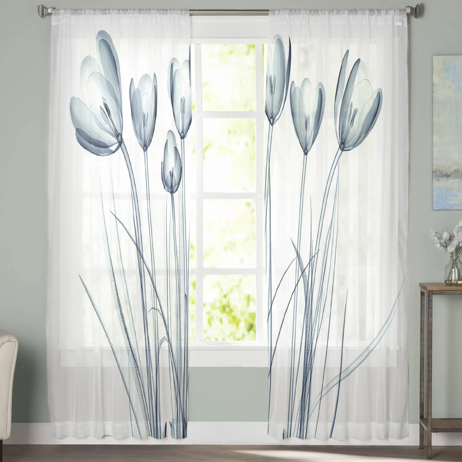 Blue Flowers Bouquet Sheer Curtains for Living Room Bedroom Window Treatment Kitchen Chiffon Curtain