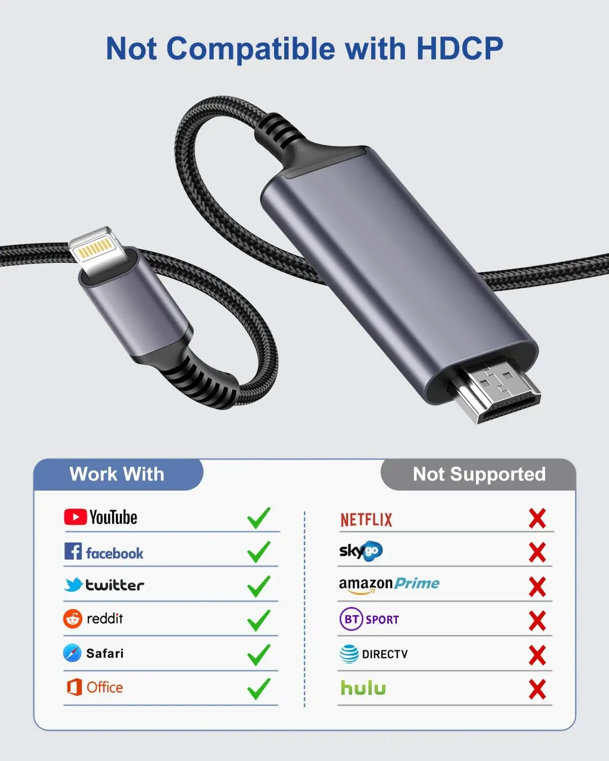Lightning to HDMI Adapter iPhone/iPad/iPod 1080P Digital AV Sync Screen Connector HDTV/Monitor/Projector-6.6 Ft/2M