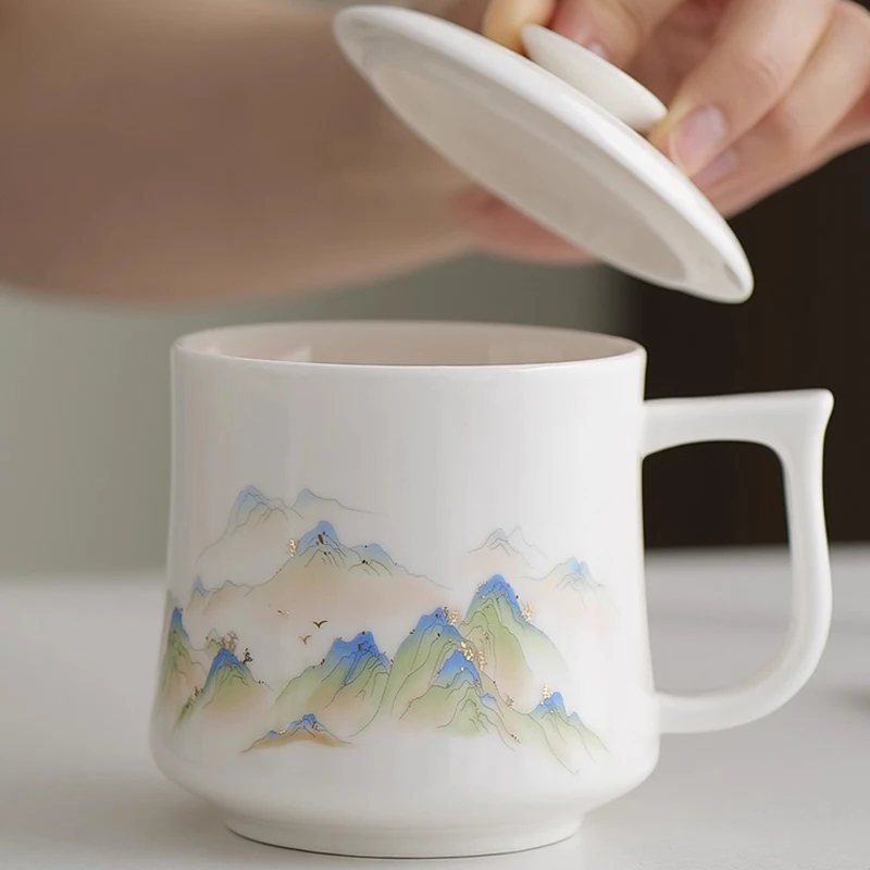 Chinese Style Pattern Ceramic White Porcelain Personal Tea Mugs, Personal Creative With Cover, Milk Water Coffee Cup, 350ml, 1Pc