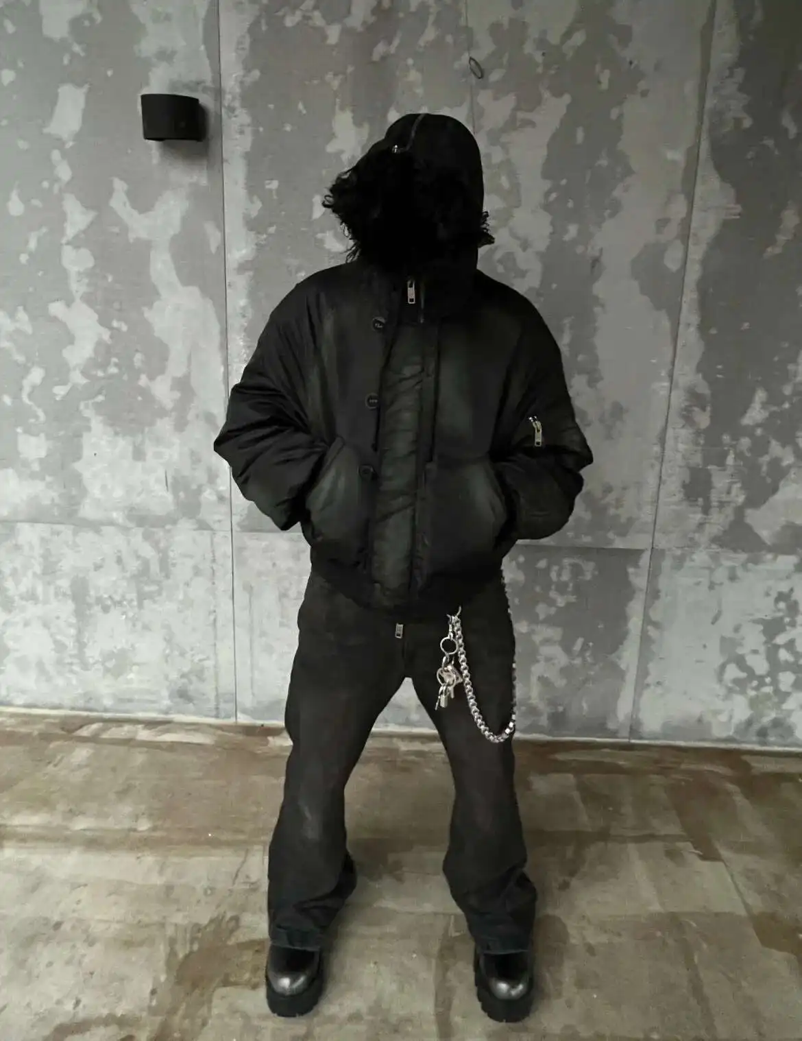 PFNW Winter New Oversized Black Cotton-padded Coat Men's Trend Tie-dye Print Fur Collar Zipper Hooded Quilted Padded Jackets