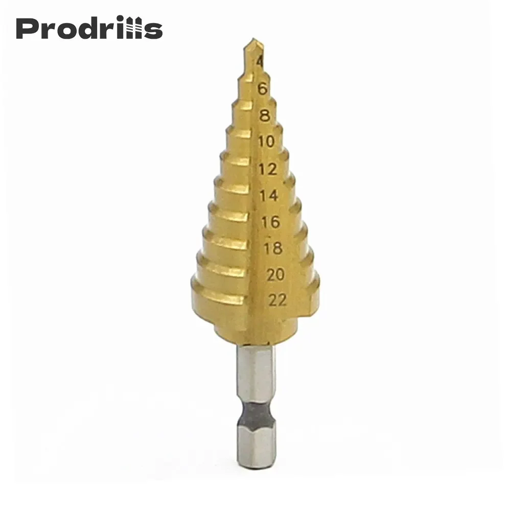 

Prodrills Titanium Coated Step Cone Drill Bit 4-20/4-22mm HSS Spiral Groove Hole Cutter Hex Shank