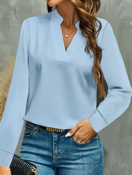 Women Elegant Split V Neck Long Sleeve Cuffed Blouse With Smooth Silky Fabric Perfect For Office Wear Daily Casual Looks And Ver 1