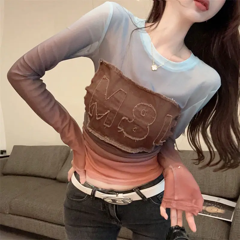 

Shpmishal Retro Spicy Girl Mesh Gradient Patch Top Tee Women's Pure Desire Style Slim Fit Long Sleeved T-shirt Female Clothing