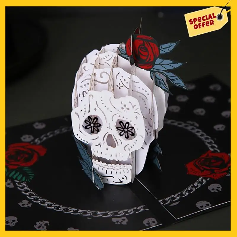 A45G-3D Halloween Greeting Card Festival Party Invitation Holiday Postcard Gift Skeleton Skull Rose Horror Greeting Card
