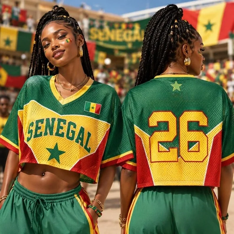 Senegal-Flaggenfarben 3D-Gedrucktes Kurzarm-T-Shirt im Jersey-Stil, Y2K Spicy Girl Style Subkultur Street Style Oberteil