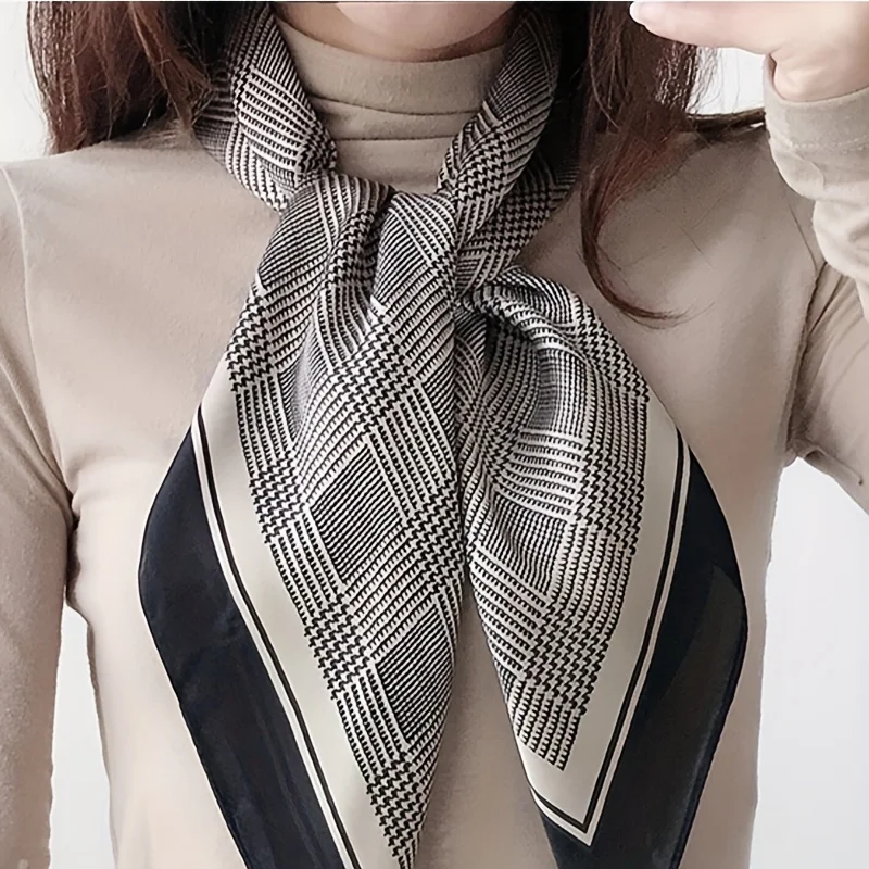 27.58" Black Gray Houndstooth Square Scarf Boho Thin Silk Feeling Neck Scarf Professional Decorative Small Scarf For Women 2