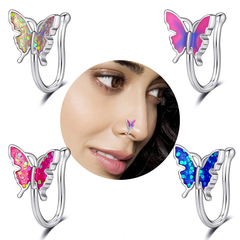 Colorful Enamel Butterfly Nose Ring Hook Rings Fake Piercings For Women Girls Copper Non