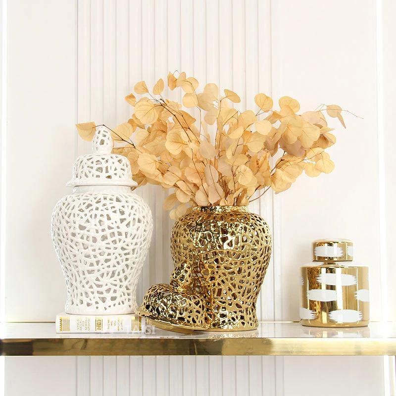 Ceramic Checkmate Jar Hollow Gold Ginger Jar Flower Vase Hollow Storage Tank Porcelain Handicraft Home Decoration Accessories 2