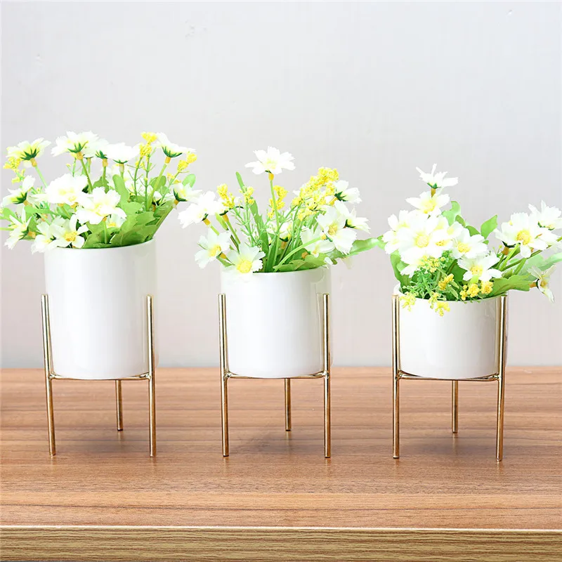 Ceramic Flower Pot Nordic Style Plant Container with Iron Frame Home Decoration 
