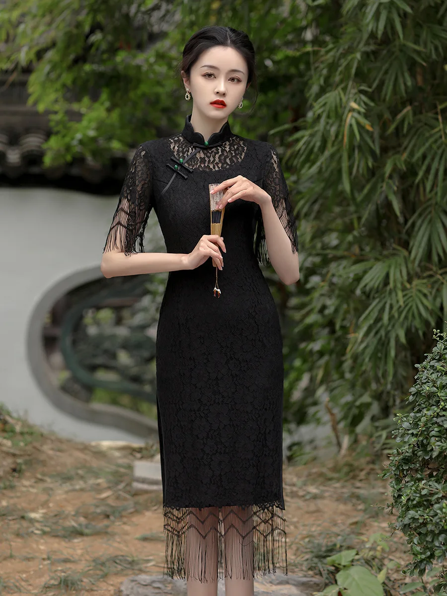 

Elegant Mandarin Collar Short Sleeve Lace Tassel Chiffon Cheongsam Women Sexy Chinese Traditional Handmade Buttons Qipao