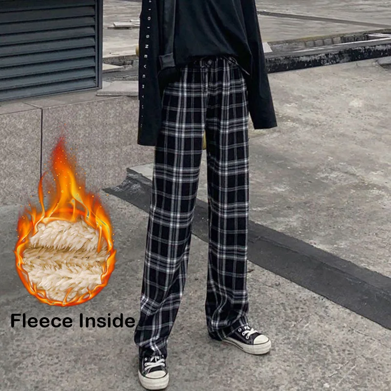 Women Fleece Inside Plaid Pants Autumn Winter Female Elastic Waist Stright Long Wide leg pants Casual Female Pants Trousers