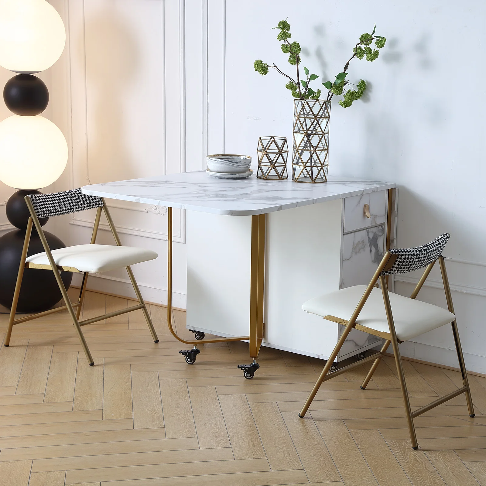Movable Folding Dining Table with Storage Rack and Drawers