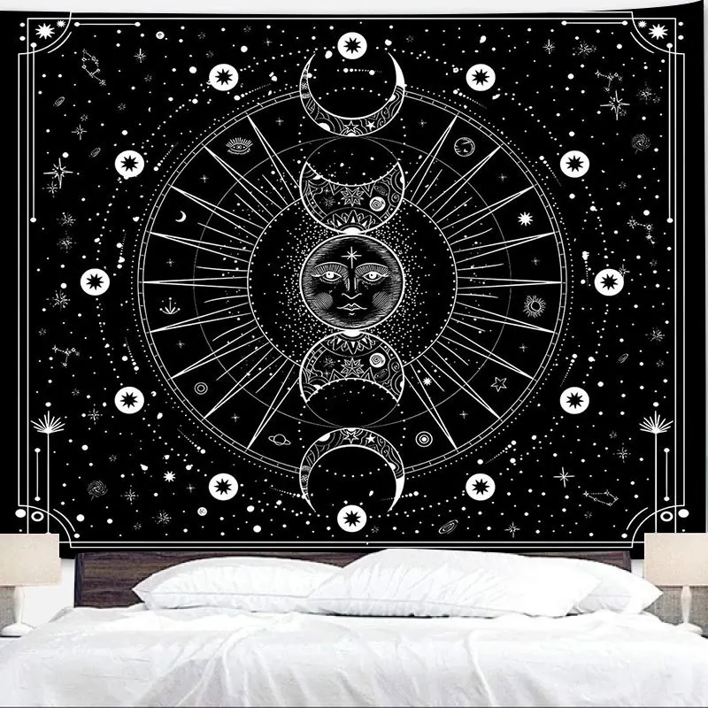 White Black Sun Moon Mandala Phase Wall Hanging Tapestry Moonlight Black Tapestries Boho Room Wall Decor Home Decoration