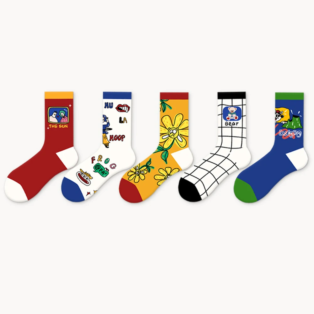 5Pairs Lovely Letter Patterns Couple Models Combed Cotton Sock Breathable Stripe Color Flower Fashion Women Men Cute Sports Sock