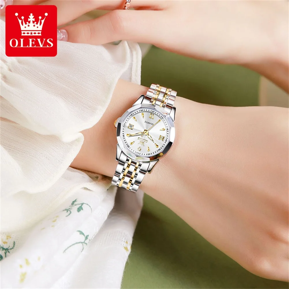 OLEVS 9998 Watch Woman Simple Calendar Quartz Watch For Women Rhombus Mirror Steel Strap Waterproof Business Ladies Wristwatch
