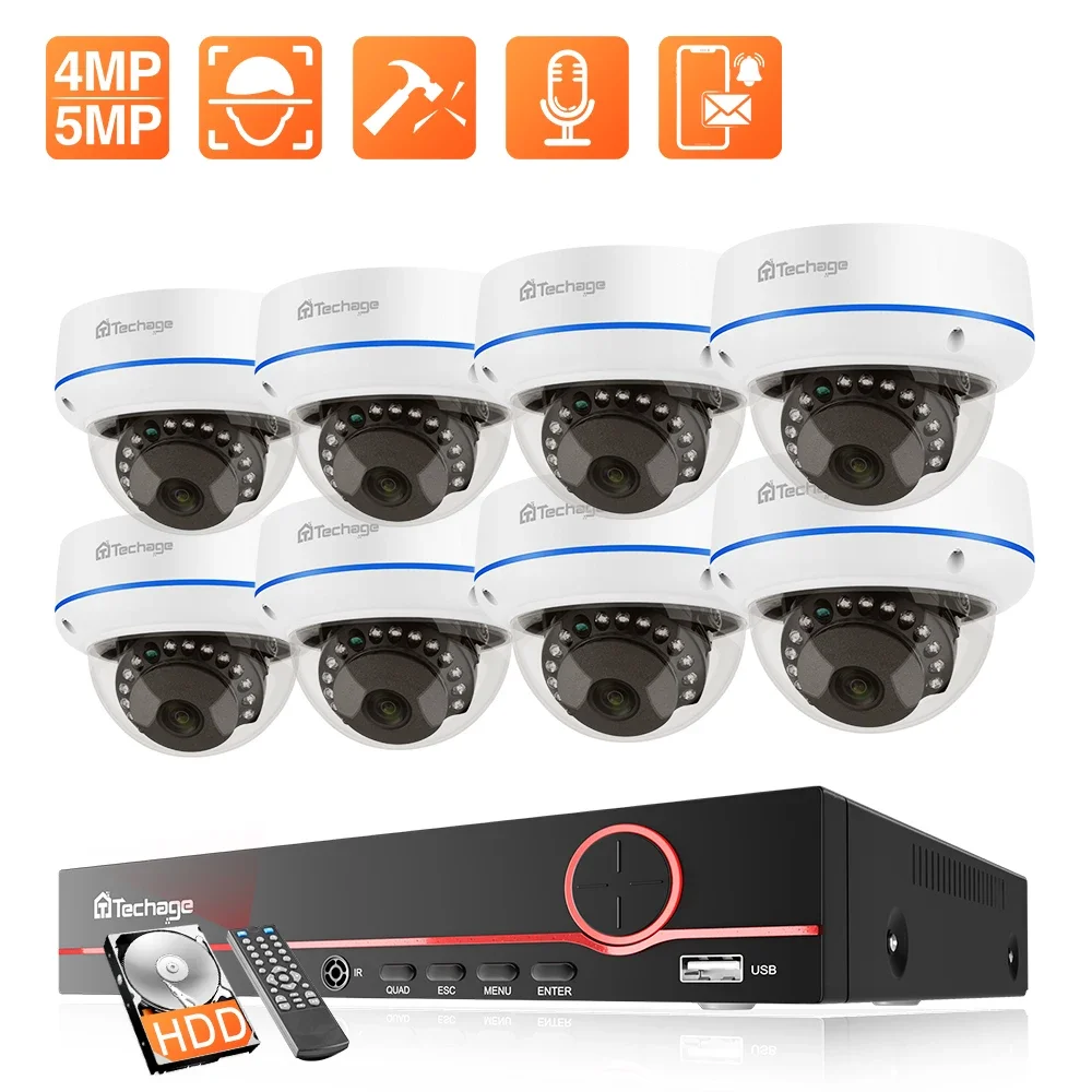 Techage H.265 8CH 4MP 5MP Indoor Dome Video Surveillance Set Audio Record PoE NVR Kit CCTV System VandalProof Security IP Camera