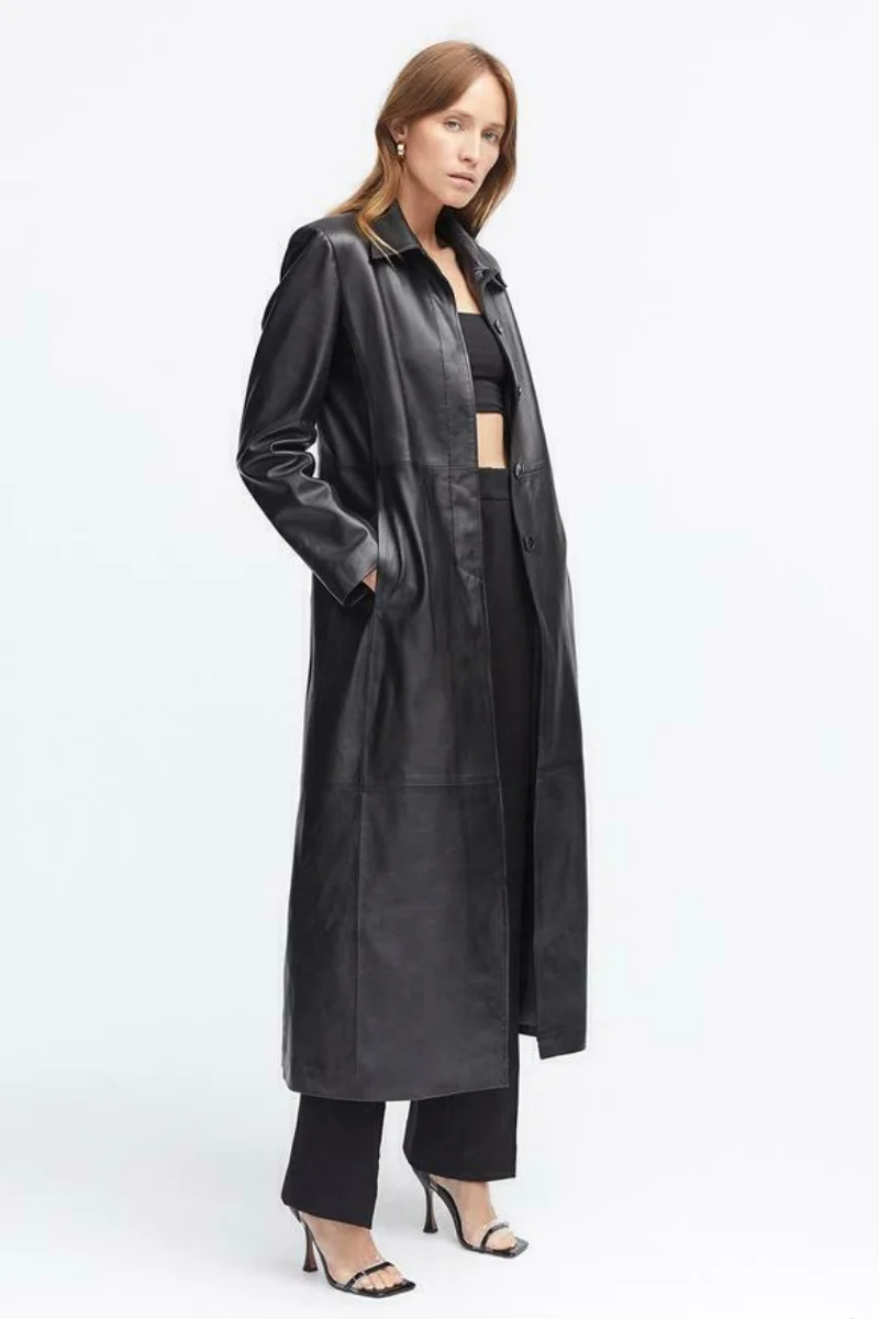 Leather Trench Coat Women Stylish Long Coat with Formal Wear Dress Genuine Leather Jacket Women