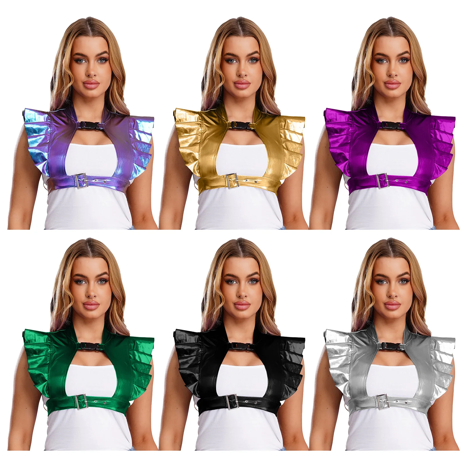 Schillernde Metallic-Schulterrüstung für Damen, Clubwear, gerüschter Besatz, vorderer Ausschnitt, verstellbare Träger, Rave-Achselzucken, bauchfreies Oberteil – Detail 2