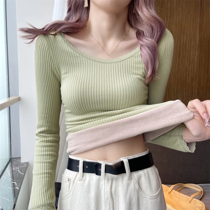 Женская зимняя рубашка из овечьей шерсти с длинным рукавом и круглым вырезом