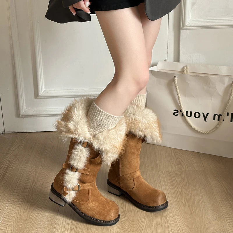 Aphixta Fashion Mid-Calf Snow Boots For Woman Buckle Design Slip On Furry Warm Winter Boots Plush Lining Med Heel Women Shoes
