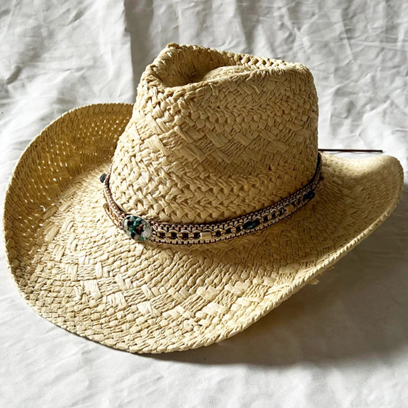 Handmade Woven Cowboy Straw Hat with Large Brim Design Men Women Outdoor Sunshade Fashion Decorative Band Ethnic Style Beach Hat