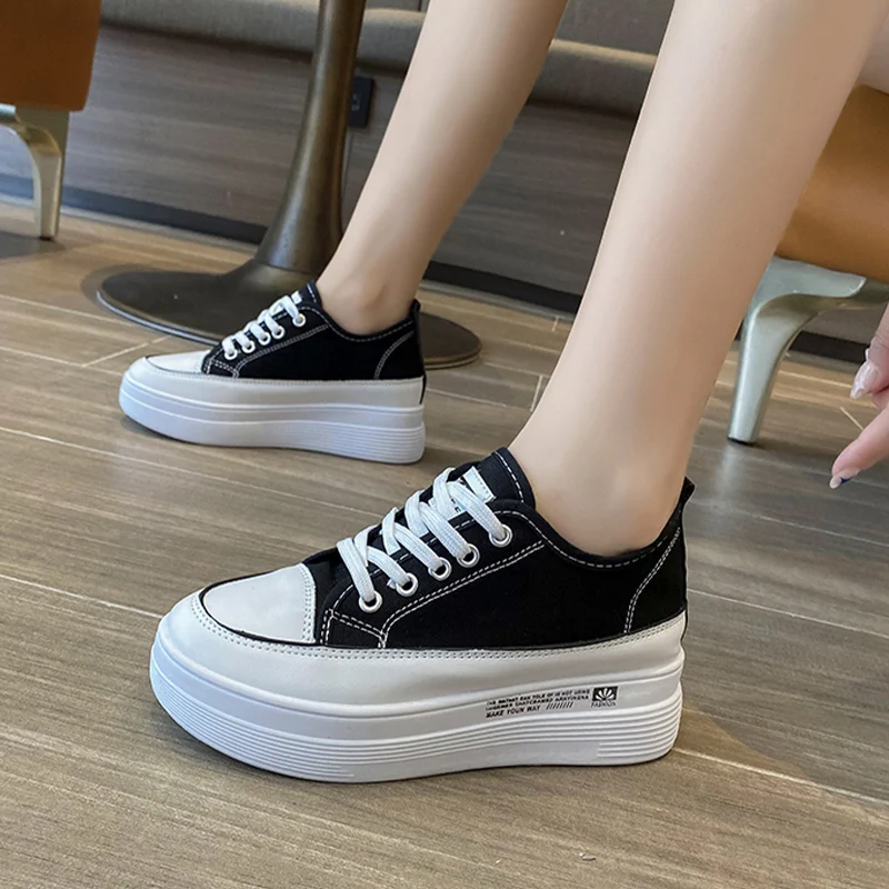 Flat Platform Women Canvas Shoes Spring Lace-up Woman Vulcanized Shoes 2022  New Casual Shallow Sport Shoes Walking Cozy Sneakers - AliExpress