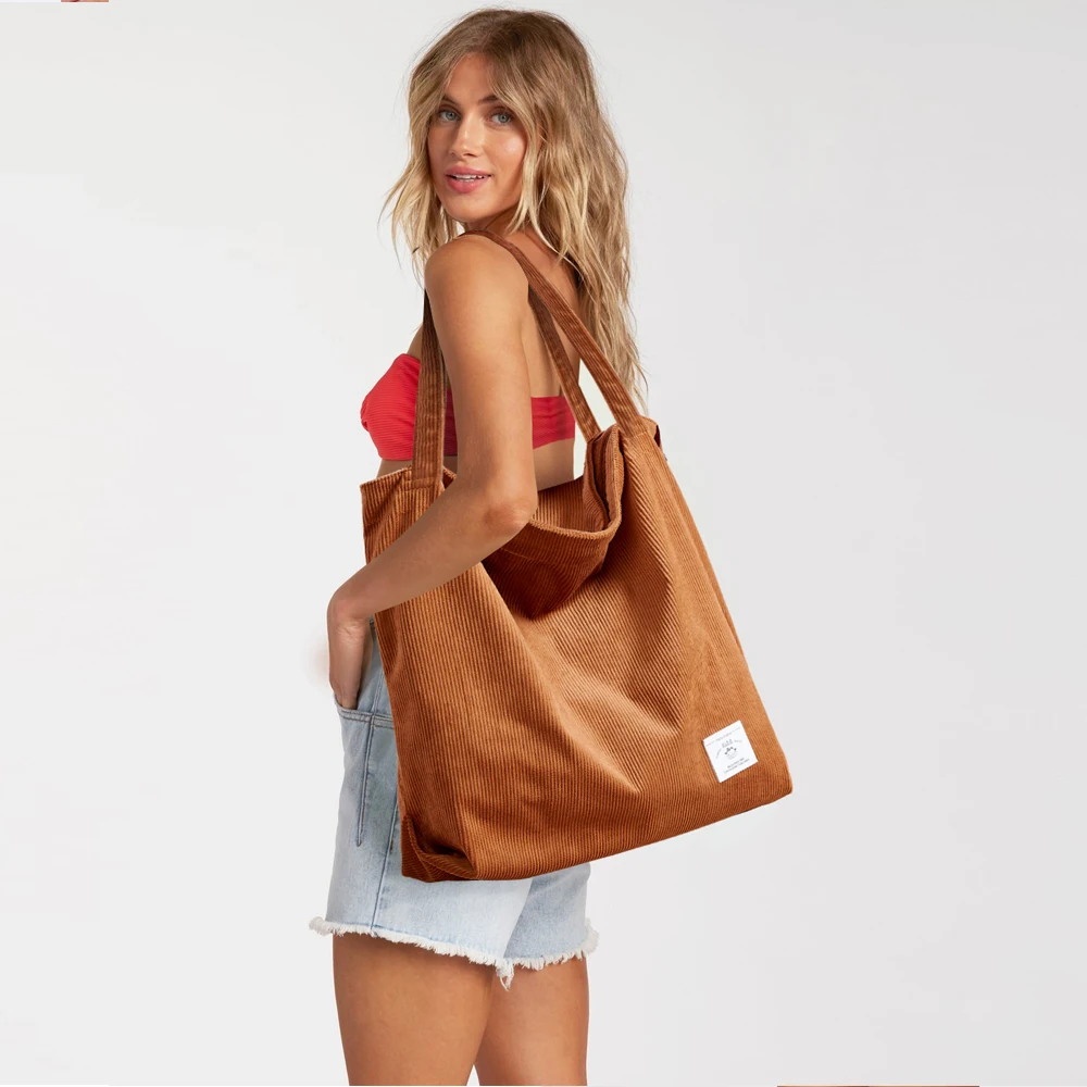 KALIDI Corduroy Tote Bag with Zipper Waterproof Cord Tote Bag for
