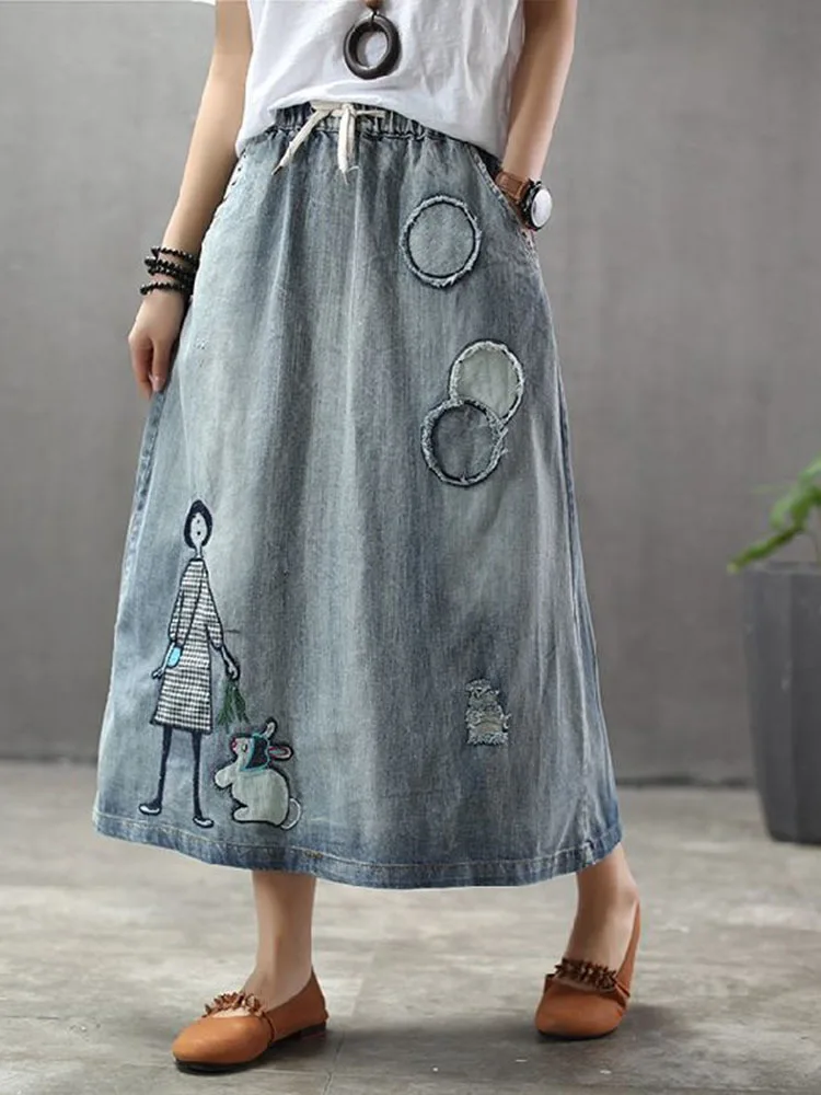 AmaxluluE 2025 Fashion Streetwear Women Summer Classic Embroidery Loose Denim Holes Skirts Ladies Casual Vintage Cartoon Clothes