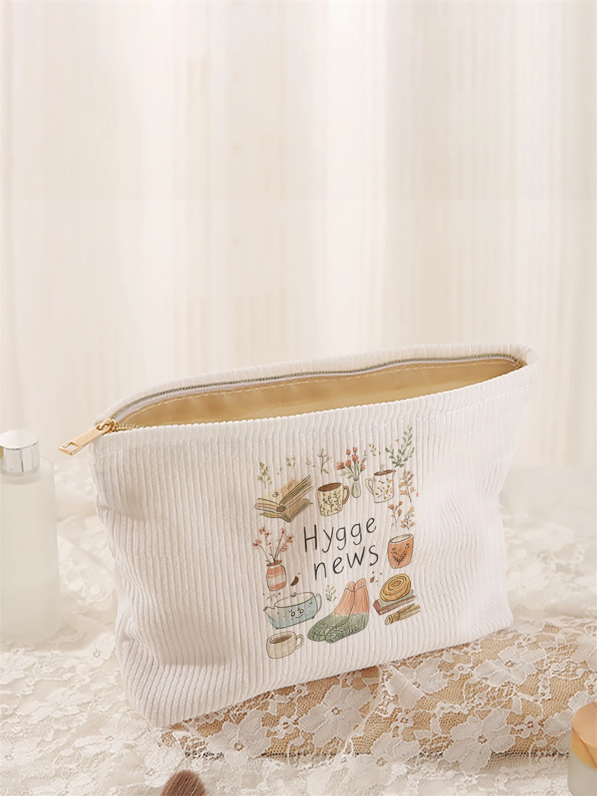 1pc cartoon pattern printed corduroy makeup bag, lightweight zipper makeup storage box, multifunctional bag with lining