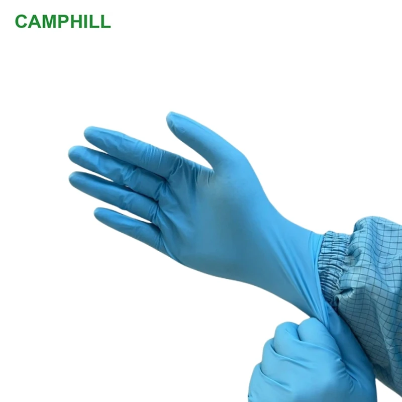 Gants nitrile jetables bleus de 12 pouces, détail du poignet renforcé.