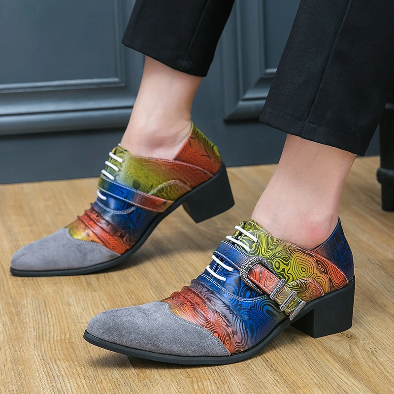 

Loafers for Men Pointed Toe Mixed Colors Slip-On Thick High Heels Party Fashion Mens Shoes Handmade Size 38-46 Free Shipping