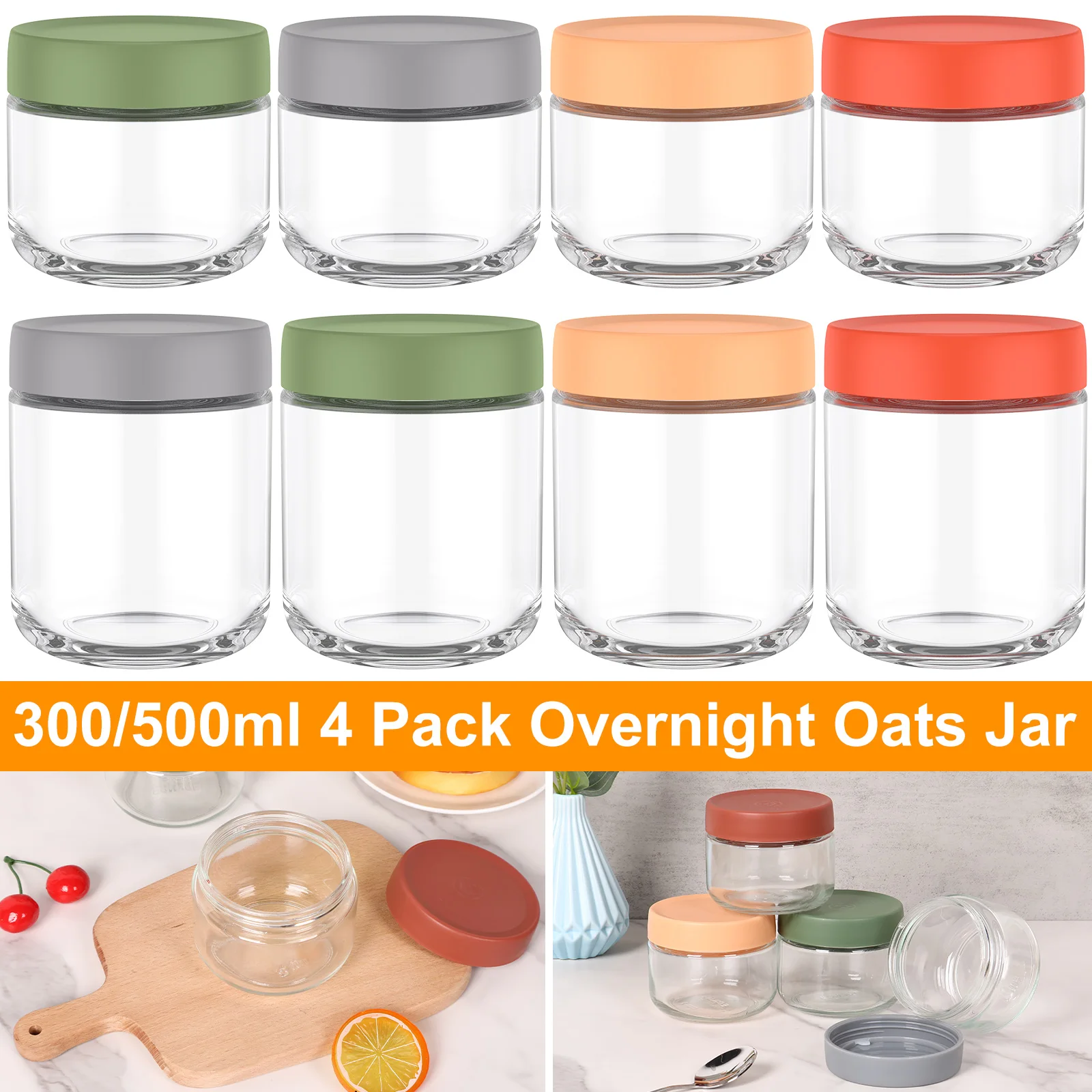 

4Pcs Overnight Oats Jar 10oz / 16oz Overnight Oats Container with Sealed Lids Clear Glass Fruit Yogurt Storage Containers