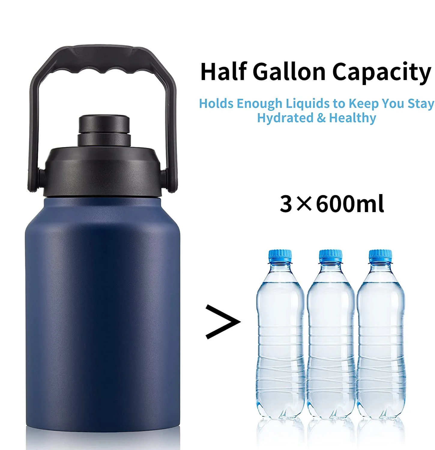 Half Gallon 64oz Black Water Bottle Handle & Steel Cap