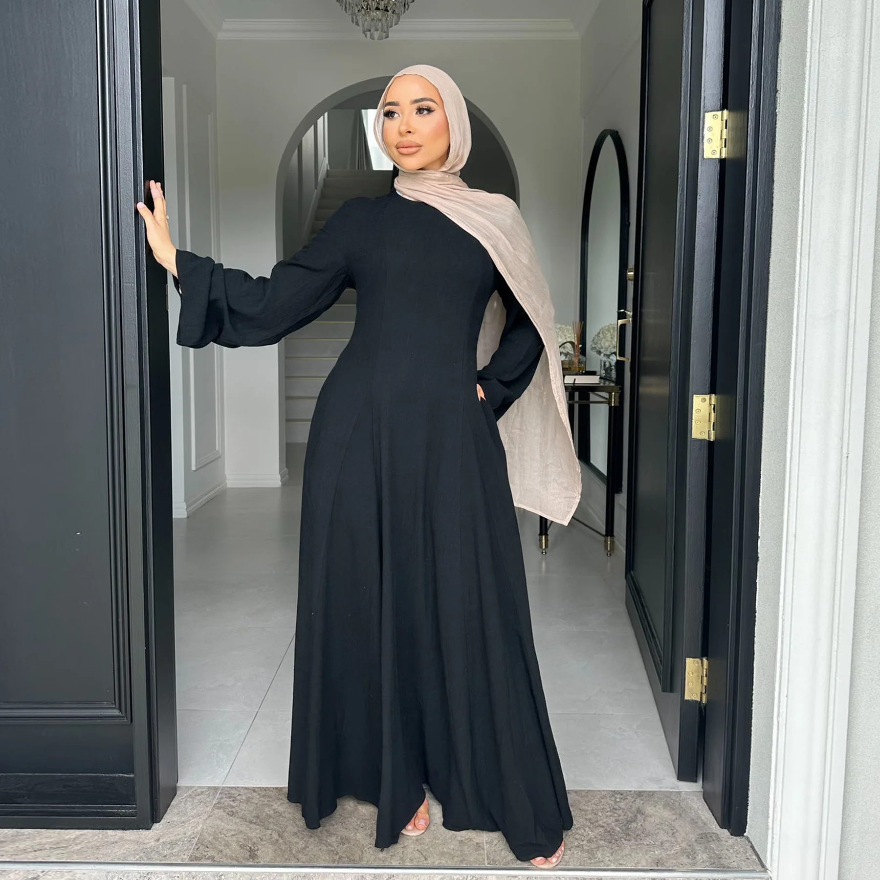 2025 New Muslim Dress for Women Dubai Turkey Abaya Solid Color Back Strap Adjustment Dresses Islam Modest Robe Islamic Clothing 2