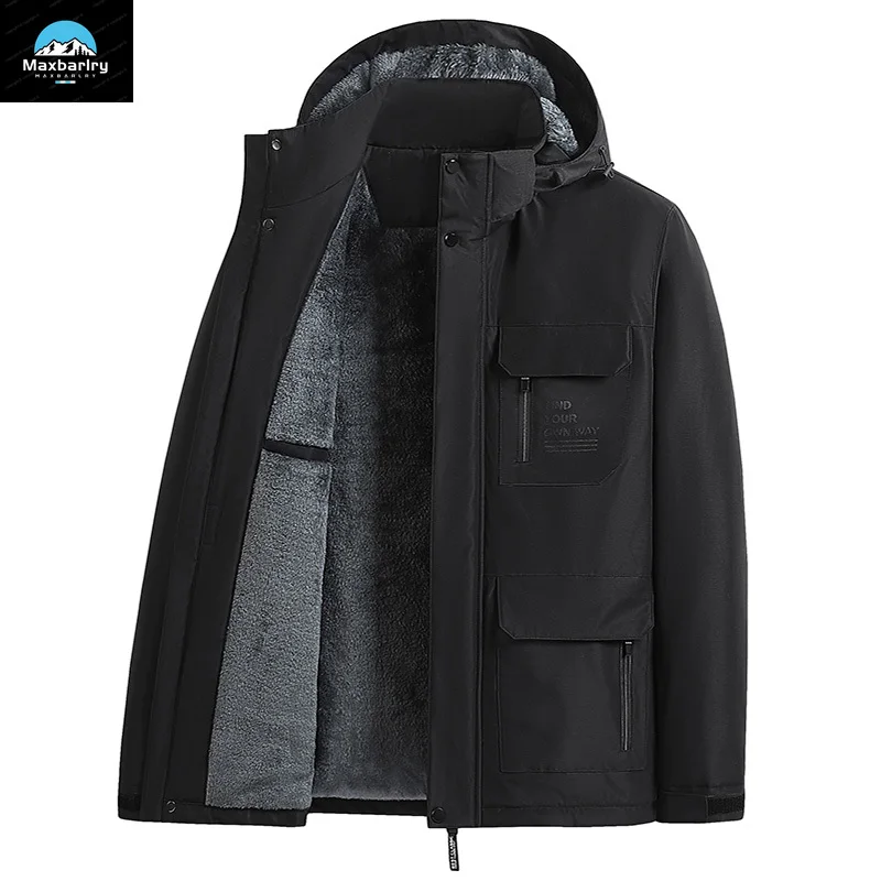 

2023 Winter Men's Parka Fleece-lined Windproof Waterproof Cargo Jacket Men's Outdoor Warm Multi-pocket Detachable Hat Men's Coat