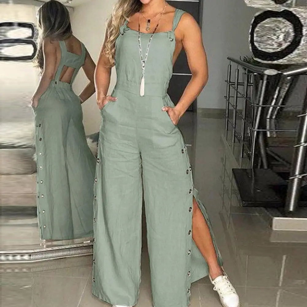 

Women'S Summer Sleeveless Twisted Knot Cotton Linen Strappy Pants Button Openings Loose Long Pants With Pockets боди женское