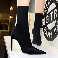 Women 7.5cm 10cm High Heels Silk Sock Boots Green Low Heels Short Ankle Boots Lady Stripper Winter Pointed Toe Satin Sexy Shoes - Image 3