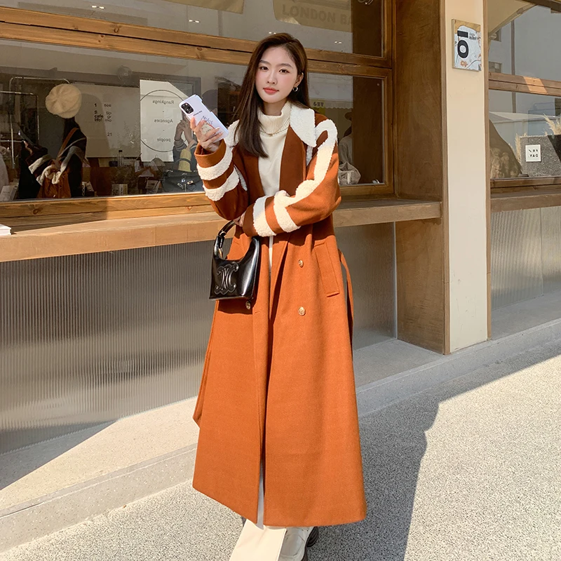 

Double Breasted Belt Long Red Wool Coat Overcoat 2023 Winter Women Elegant England Fashion Splice Loose Windbreaker Jacket 2001