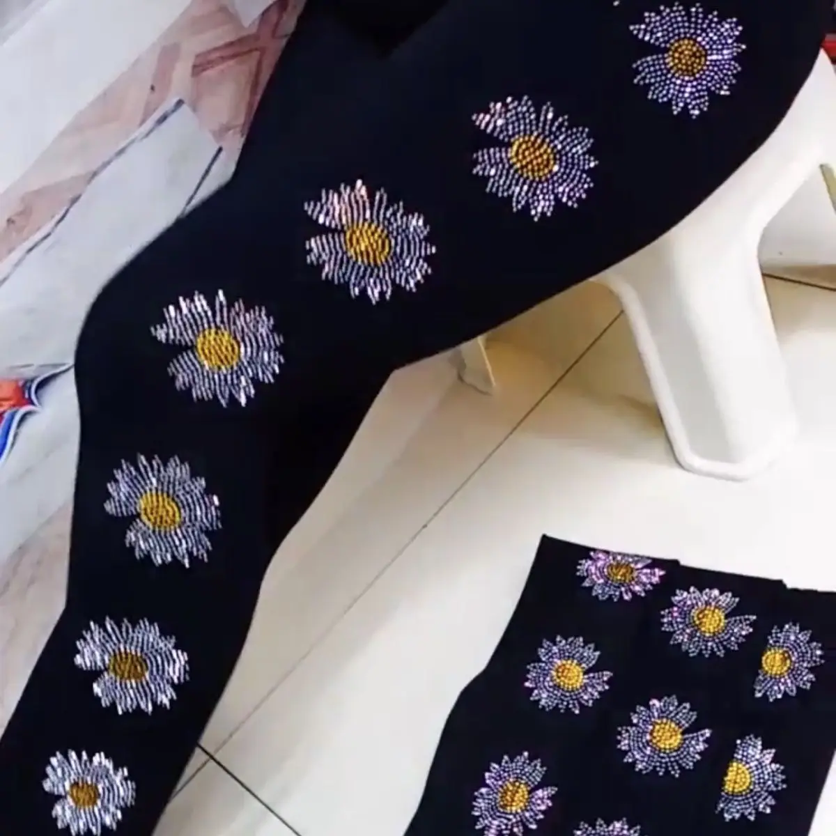 Sequin Print Black Women's Leggings Pants High Waist Plus Size Pencil Trousers