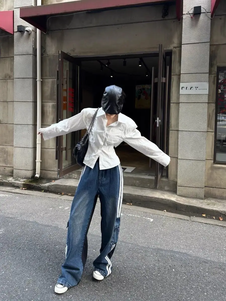 여성용 스트라이프 스플라이싱 팬츠, 캐주얼 작업 바지, 힙합 하이 웨이스트, 루즈 와이드 레그 진, 2024 가을 신상