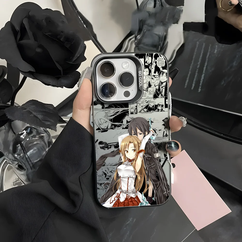 Anime-Inspired Asuna x Kirito Laser Metallic Aurora Phone Case - Black & Purple Matte Finish