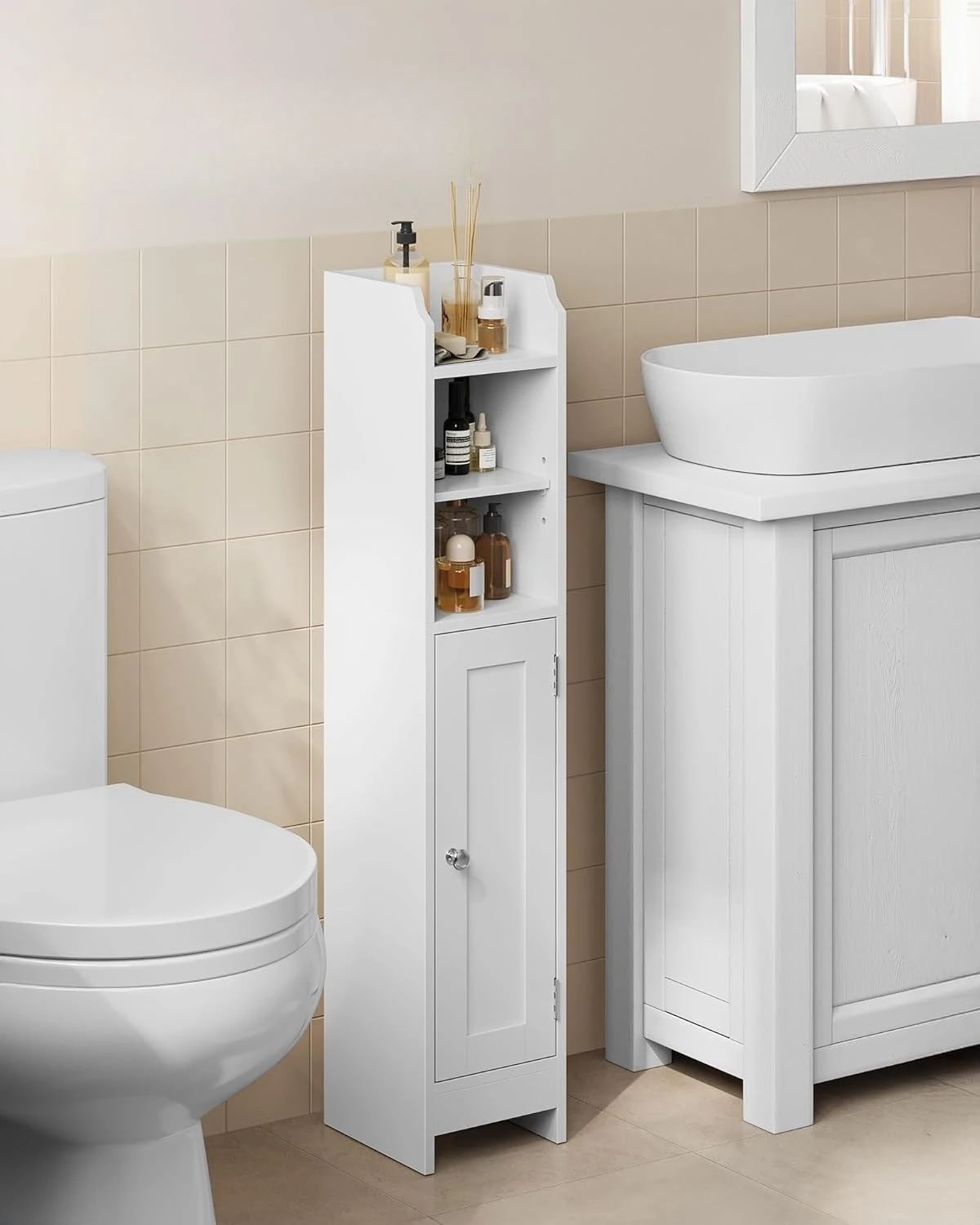 Small Bathroom Cabinet. Corner Floor. 7.9"x7.1"x36.2". Narrow Toilet Paper Cabinet. Cloud White. UBBC311W01.