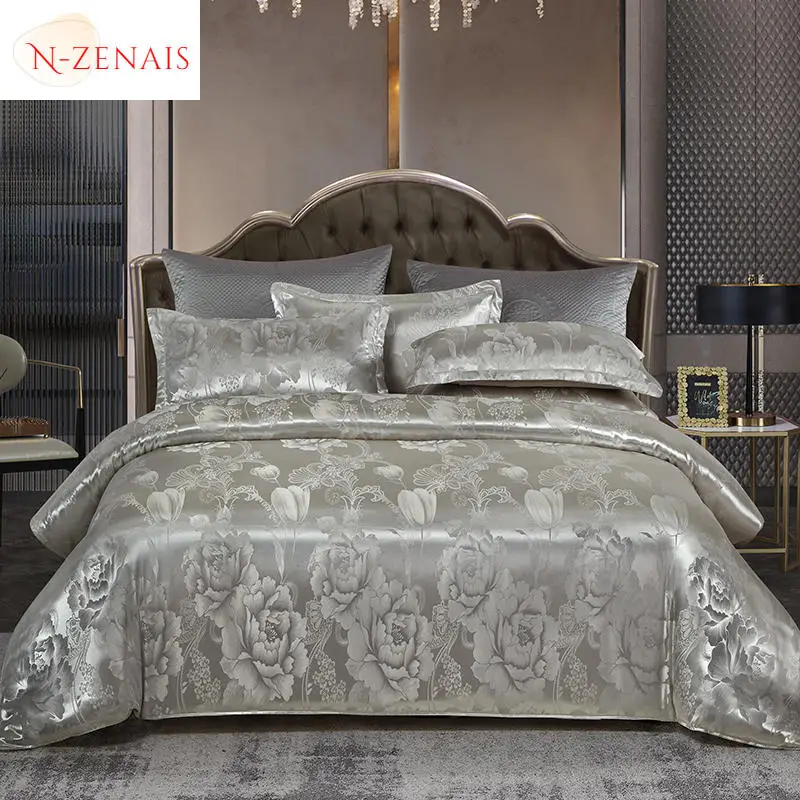 Gray European Luxury Satin Rayon Jacquard Duvet Cover 220x240 2 People Double Bed Quilt Cover Bedding Set Queen King Comforter