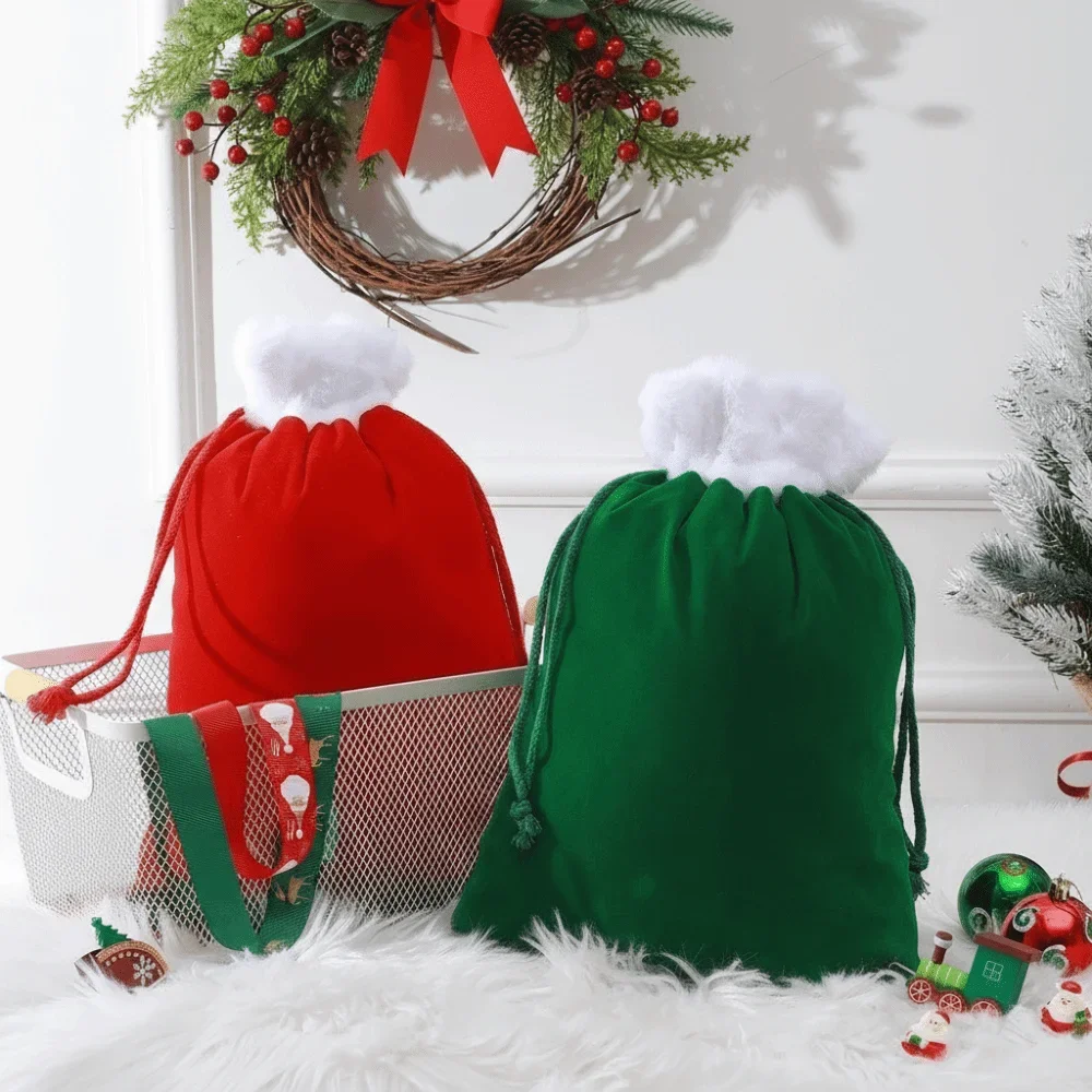 White Furry Trim Christmas Gift Bag Reusable Drawstring Holiday Bag